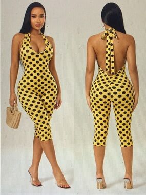 Yellow Halter Polka Dot Midi Jumpsuit